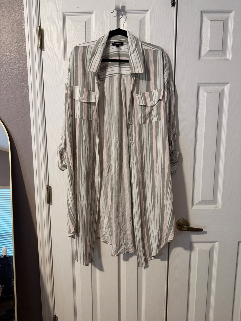 torrid Striped Button-Down Shirt in Cream, Green & Pink